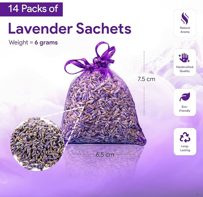 Zidina Dried Lavender Sachet Bags for Drawers, Closets & Home – 14 Pack