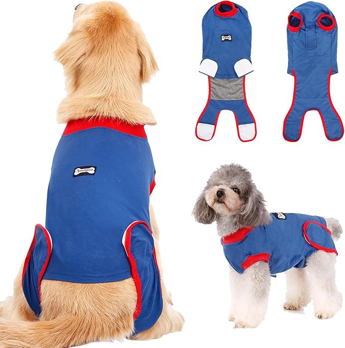 Doglemi Dog Surgery Recovery Suit Size L – Breathable Cotton, Blue | Post-Spay/Neuter, Anti-Licking, Wound Coverage | Cone Alternative