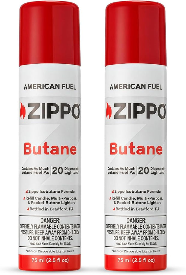 Zippo Butane Fuel Refill for Compatible Butane Lighters & Devices – 75 mL Cans, Pack of 2