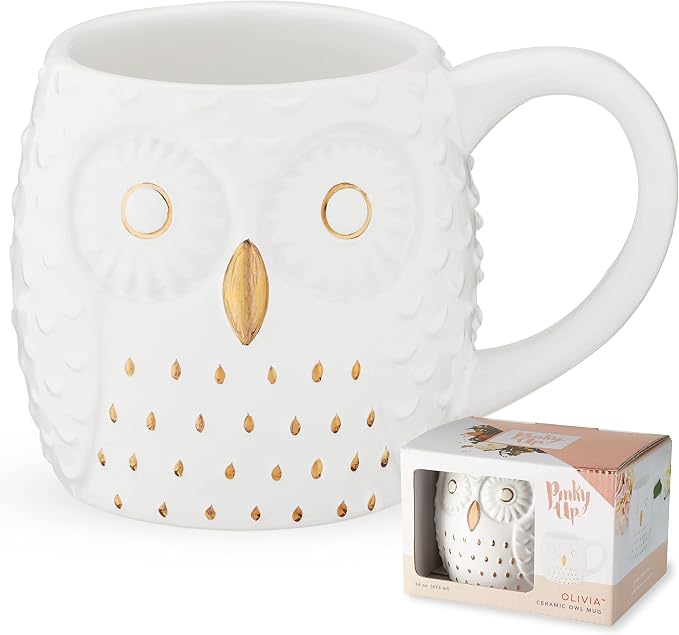 Pinky Up Olivia Owl Mug – Cute Owl Tea Cup for Women, White & Gold, 16 oz