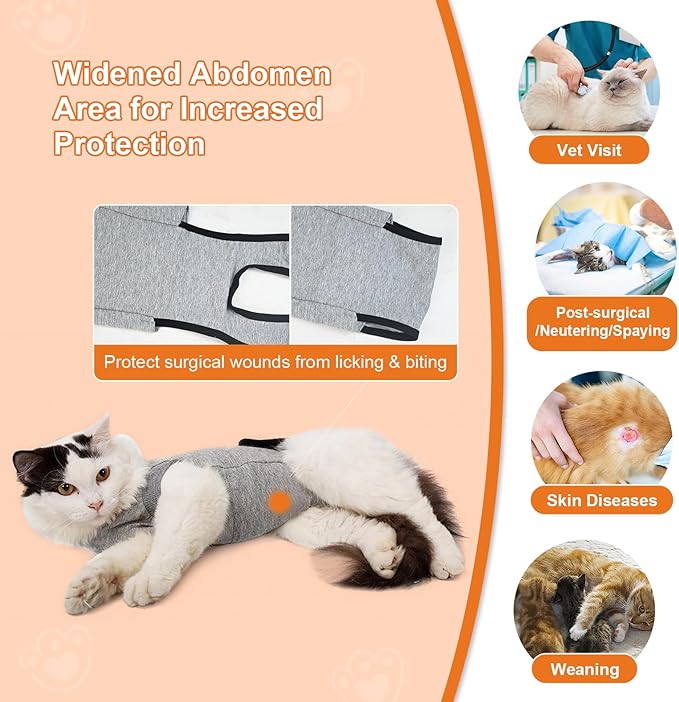 Doglemi Cat Surgery Recovery Suit Size S – Pure Cotton, Breathable, Post-Spay/Neuter & Wound Recovery Onesie | Cone Alternative