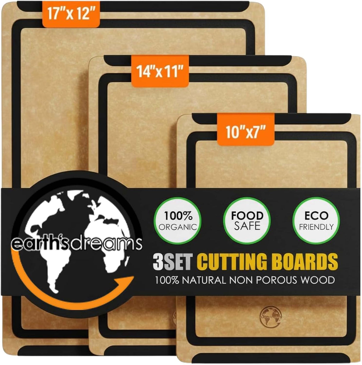 Earth’s Dreams Wood Fiber Cutting Board Set of 3, Tan & Black