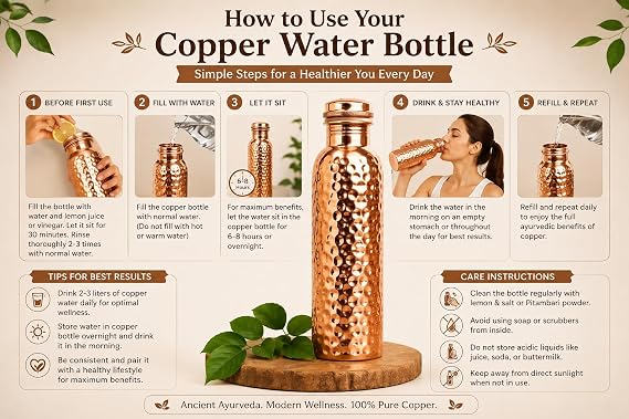 Arts Of India Pure Copper Water Bottle, 34 oz Wide Mouth, Honeycomb Finish