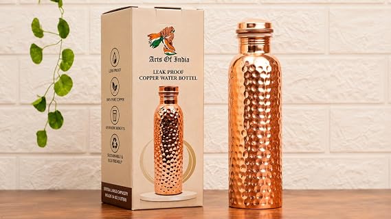 Arts Of India Pure Copper Water Bottle, 34 oz Wide Mouth, Honeycomb Finish