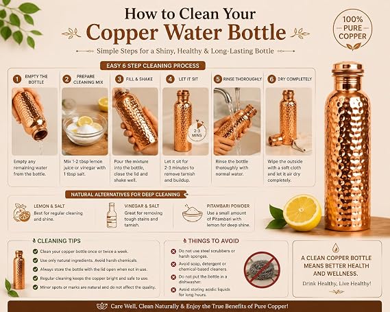 Arts Of India Pure Copper Water Bottle, 34 oz Wide Mouth, Honeycomb Finish