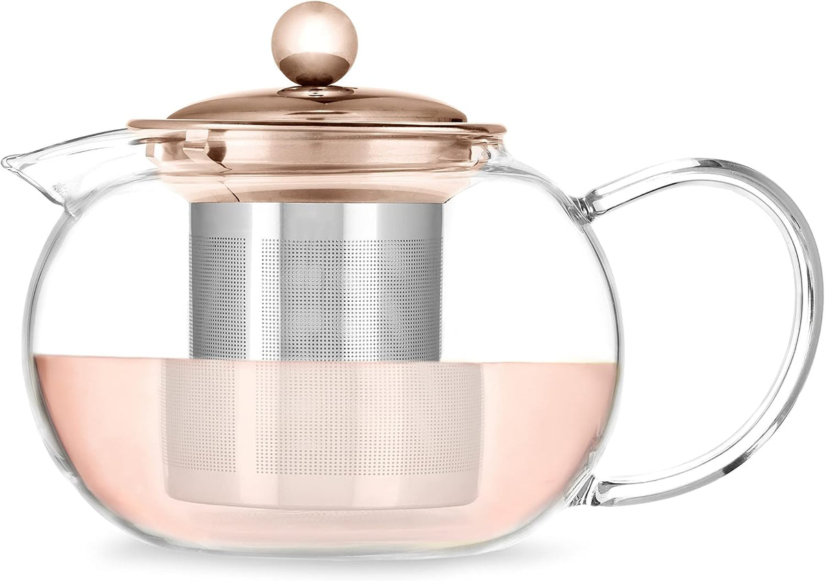 Pinky Up Candace Glass Teapot with Rose Gold Lid and Stainless Steel Removable Infuser, Loose Leaf Tea Kettle, Perfect for Daily Use, Housewarming, Holidays, Brunch Party, 28 Oz