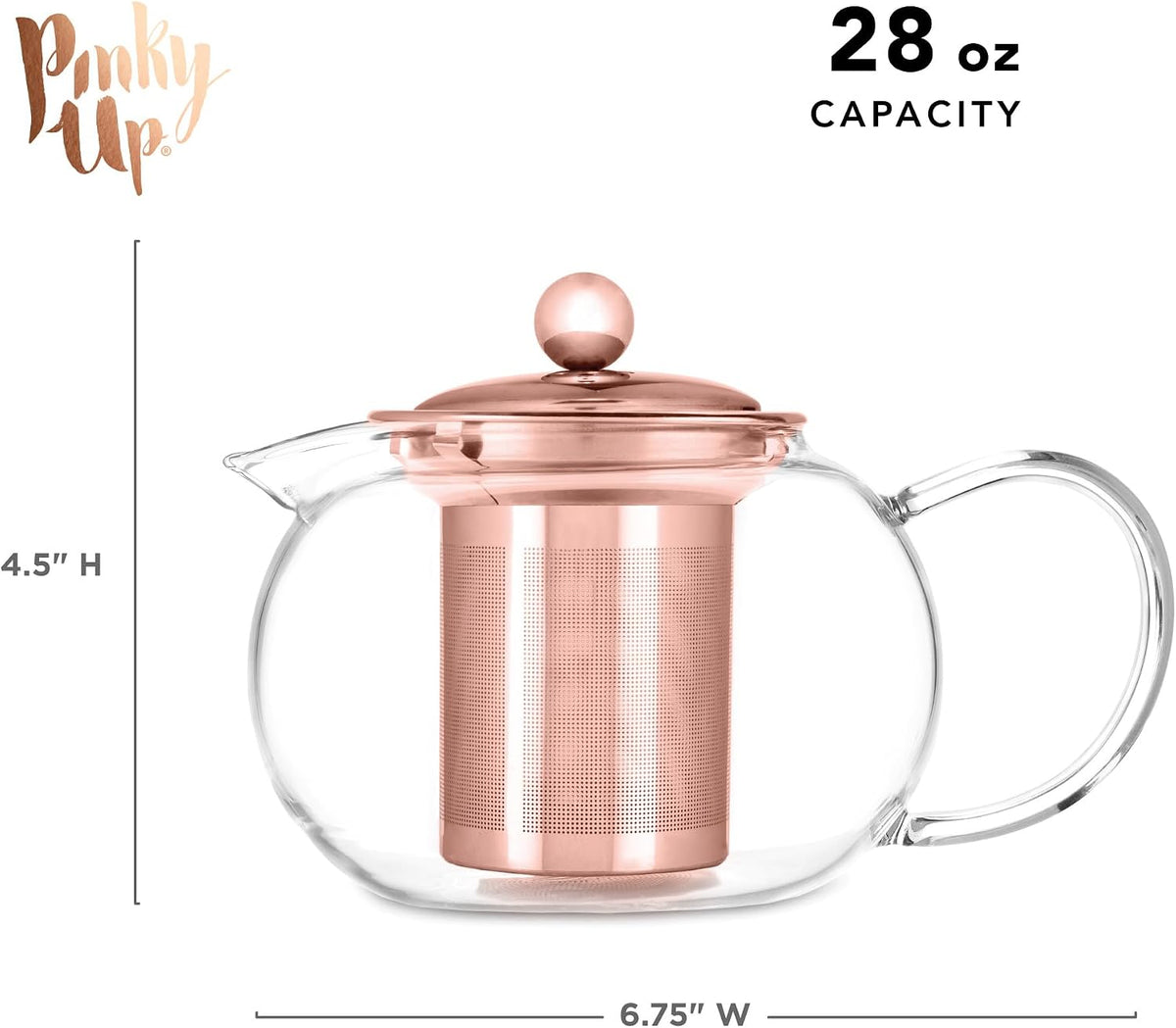 Pinky Up Candace Glass Teapot with Rose Gold Lid and Stainless Steel Removable Infuser, Loose Leaf Tea Kettle, Perfect for Daily Use, Housewarming, Holidays, Brunch Party, 28 Oz