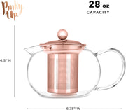 Pinky Up Candace Glass Teapot with Rose Gold Lid and Stainless Steel Removable Infuser, Loose Leaf Tea Kettle, Perfect for Daily Use, Housewarming, Holidays, Brunch Party, 28 Oz