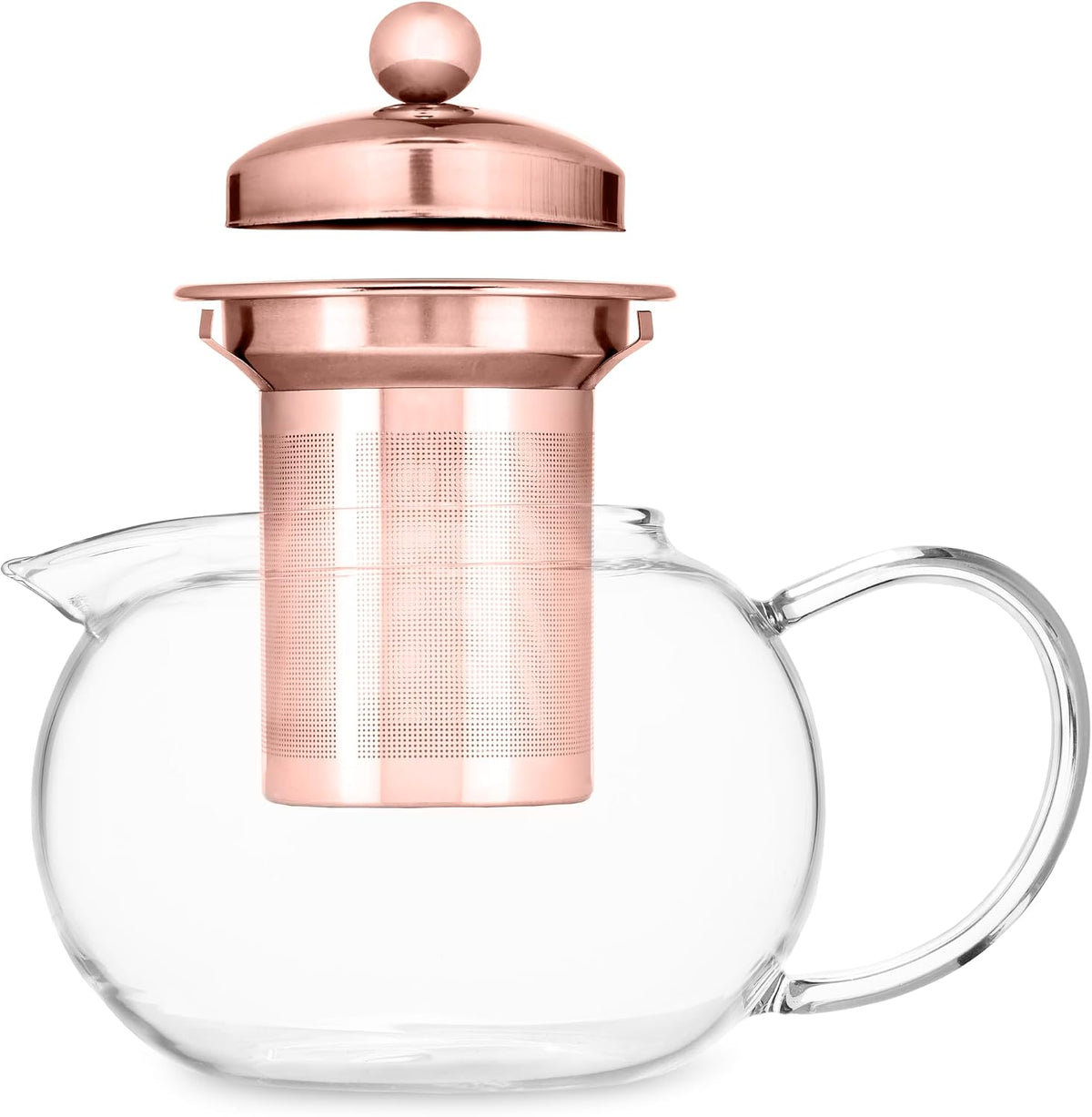 Pinky Up Candace Glass Teapot with Rose Gold Lid and Stainless Steel Removable Infuser, Loose Leaf Tea Kettle, Perfect for Daily Use, Housewarming, Holidays, Brunch Party, 28 Oz