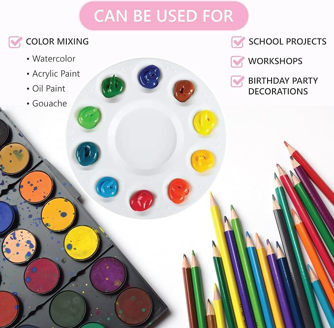 Drawlish Round Paint Palette Set of 8 – Washable White Plastic Paint Trays, 10 Wells + Central Reservoir, Acrylic, Watercolour, Oil & Gouache, Kids & Adult
