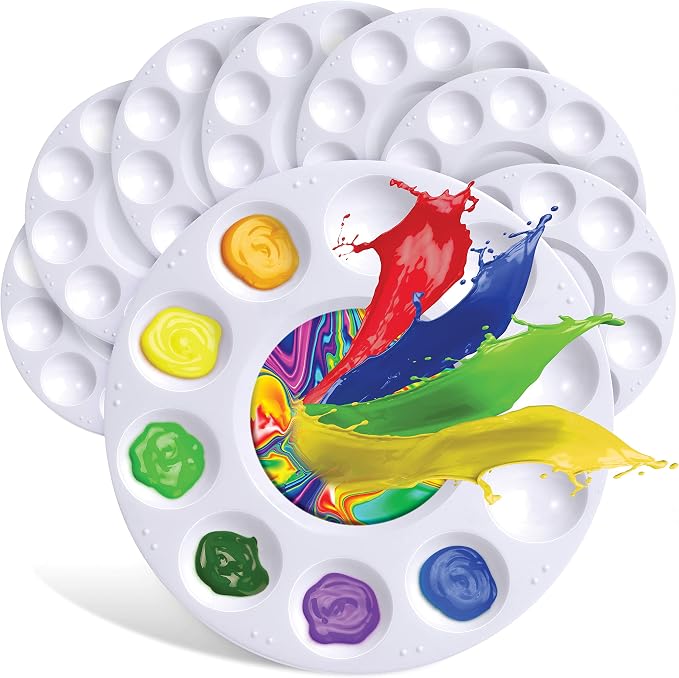 Drawlish Round Paint Palette Set of 8 – Washable White Plastic Paint Trays, 10 Wells + Central Reservoir, Acrylic, Watercolour, Oil & Gouache, Kids & Adult