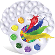 Drawlish Round Paint Palette Set of 8 – Washable White Plastic Paint Trays, 10 Wells + Central Reservoir, Acrylic, Watercolour, Oil & Gouache, Kids & Adult