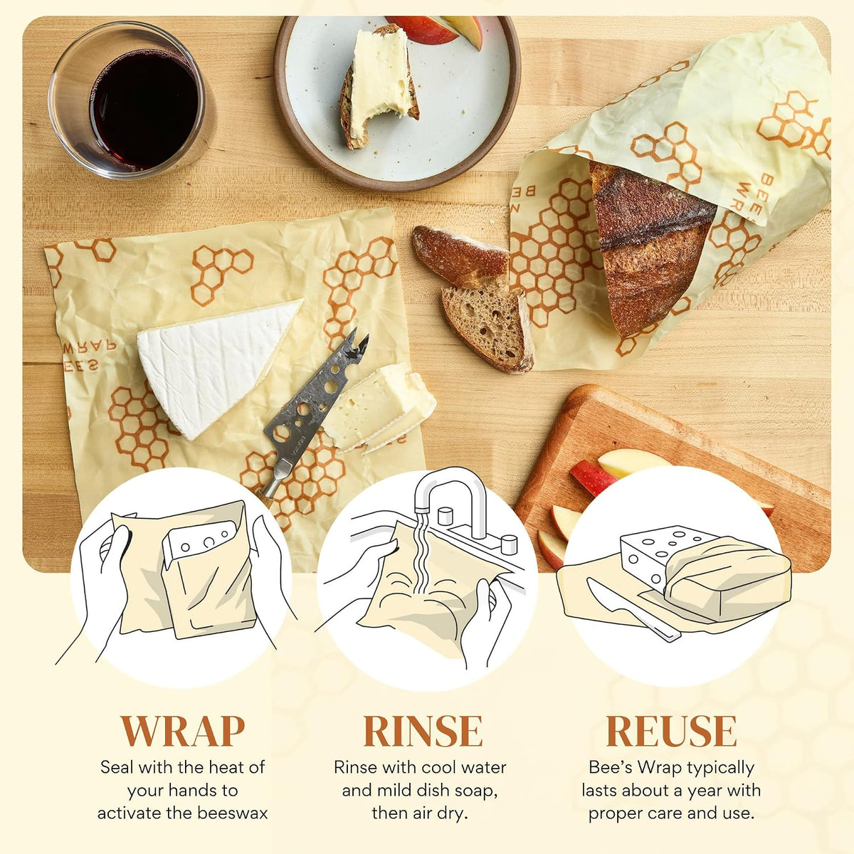 Bee’s Wrap Beeswax Wrap Pack of 3 | Reusable Eco-Friendly Food Storage Wraps