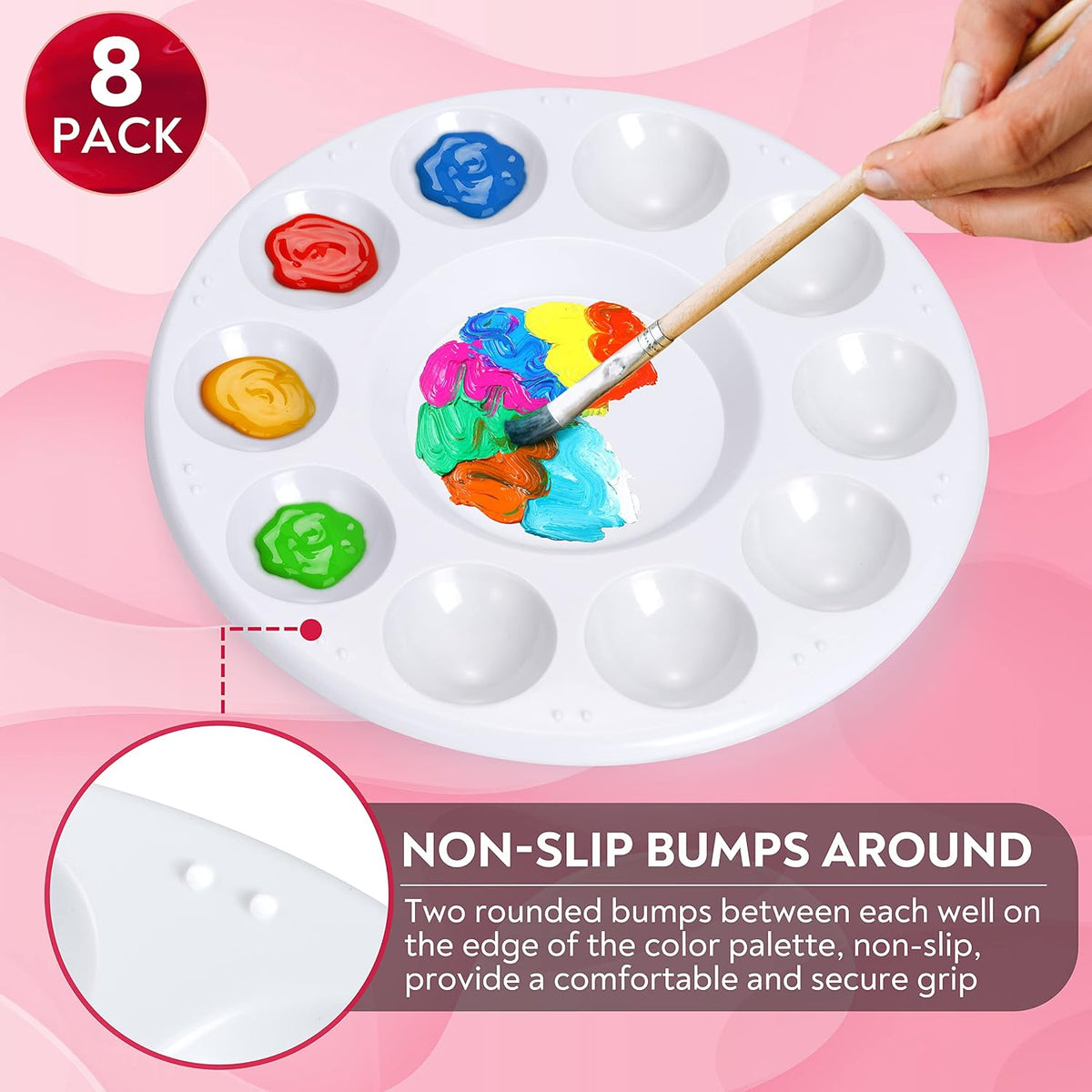 Drawlish Round Paint Palette Set of 8 – Washable White Plastic Paint Trays, 10 Wells + Central Reservoir, Acrylic, Watercolour, Oil & Gouache, Kids & Adult