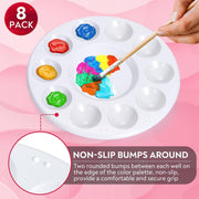 Drawlish Round Paint Palette Set of 8 – Washable White Plastic Paint Trays, 10 Wells + Central Reservoir, Acrylic, Watercolour, Oil & Gouache, Kids & Adult