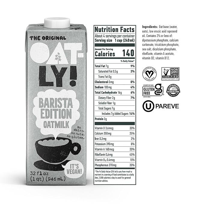 Oatly Barista Edition Oat Milk 32 fl oz Pack of 12 – Dairy-Free, Plant-Based, Shelf-Stable, Vegan, Perfect for Coffee & Frothing
