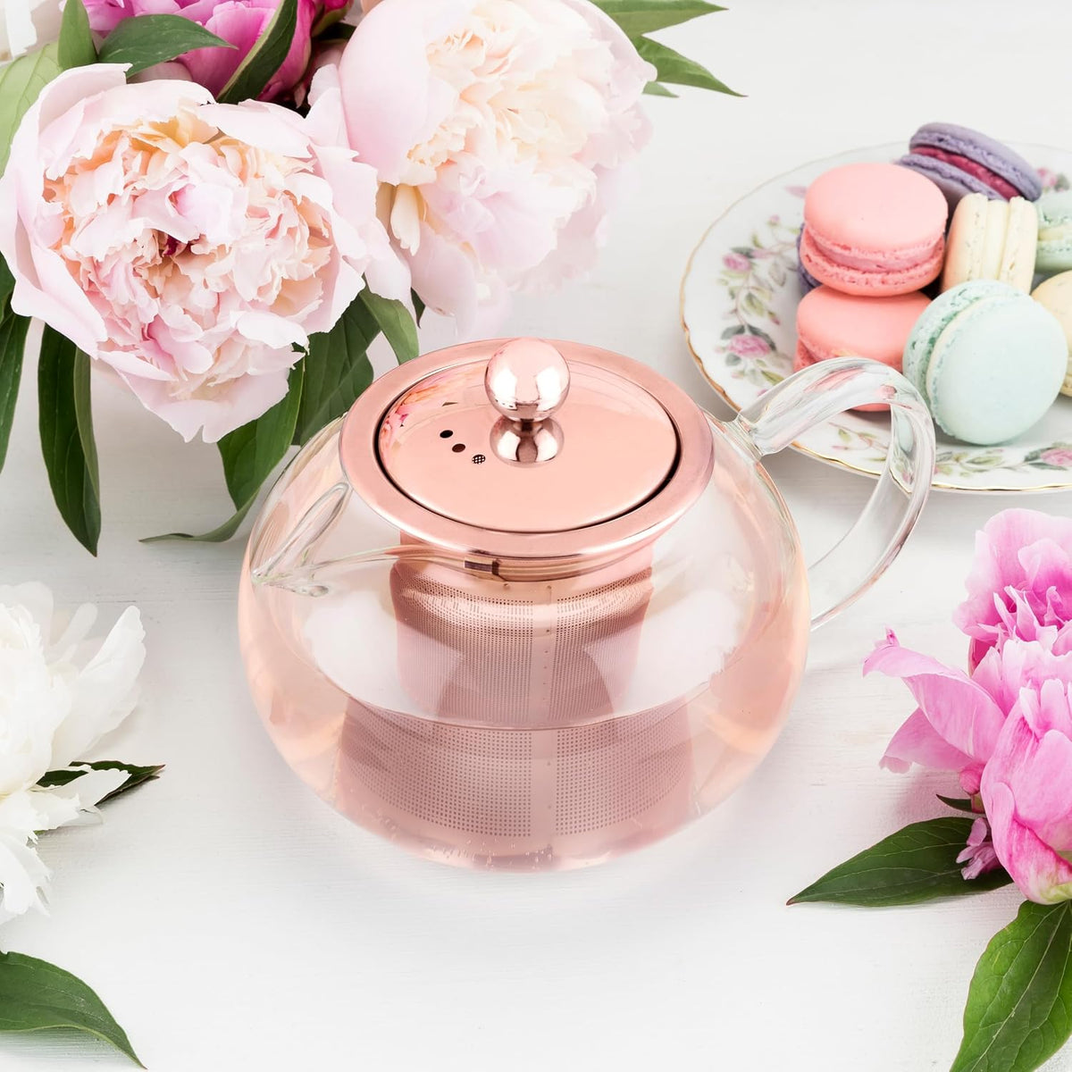 Pinky Up Candace Glass Teapot with Rose Gold Lid and Stainless Steel Removable Infuser, Loose Leaf Tea Kettle, Perfect for Daily Use, Housewarming, Holidays, Brunch Party, 28 Oz