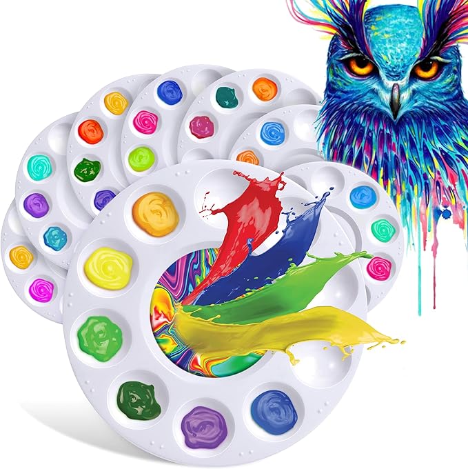 Drawlish Round Paint Palette Set of 8 – Washable White Plastic Paint Trays, 10 Wells + Central Reservoir, Acrylic, Watercolour, Oil & Gouache, Kids & Adult