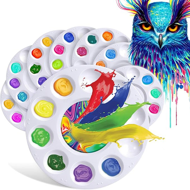 Drawlish Round Paint Palette Set of 8 – Washable White Plastic Paint Trays, 10 Wells + Central Reservoir, Acrylic, Watercolour, Oil & Gouache, Kids & Adult