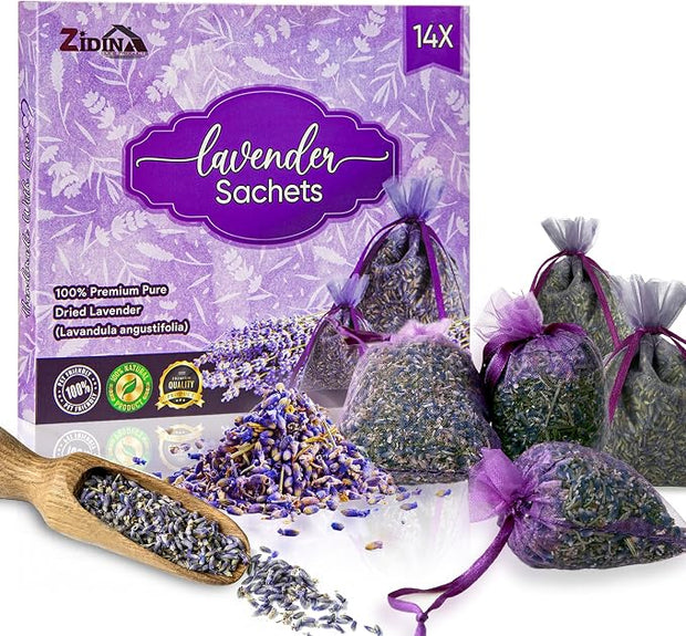 Zidina Dried Lavender Sachet Bags for Drawers, Closets & Home – 14 Pack