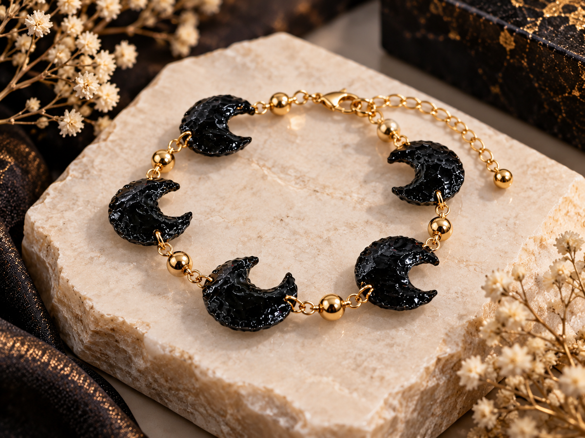5 Pcs Obsidian Crescent Moons - Black Carved Crystal for Jewelry Making