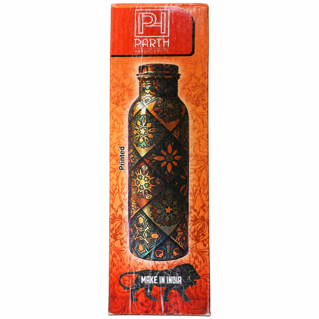 Parth Handicrafts Printed Copper Water Bottle with Decorative Multicolor Design