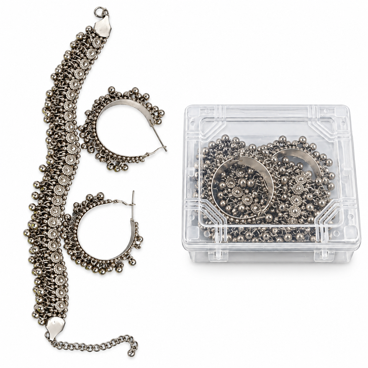 Traditional Silver-Tone Indian Jewelry Set with Choker Necklace & Hoop Earrings