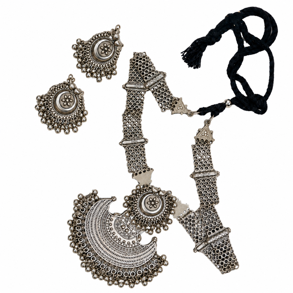 Traditional Indian Silver-Tone Statement Necklace & Earrings Jewelry Set with Crescent Pendant