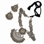Traditional Indian Silver-Tone Statement Necklace & Earrings Jewelry Set with Crescent Pendant
