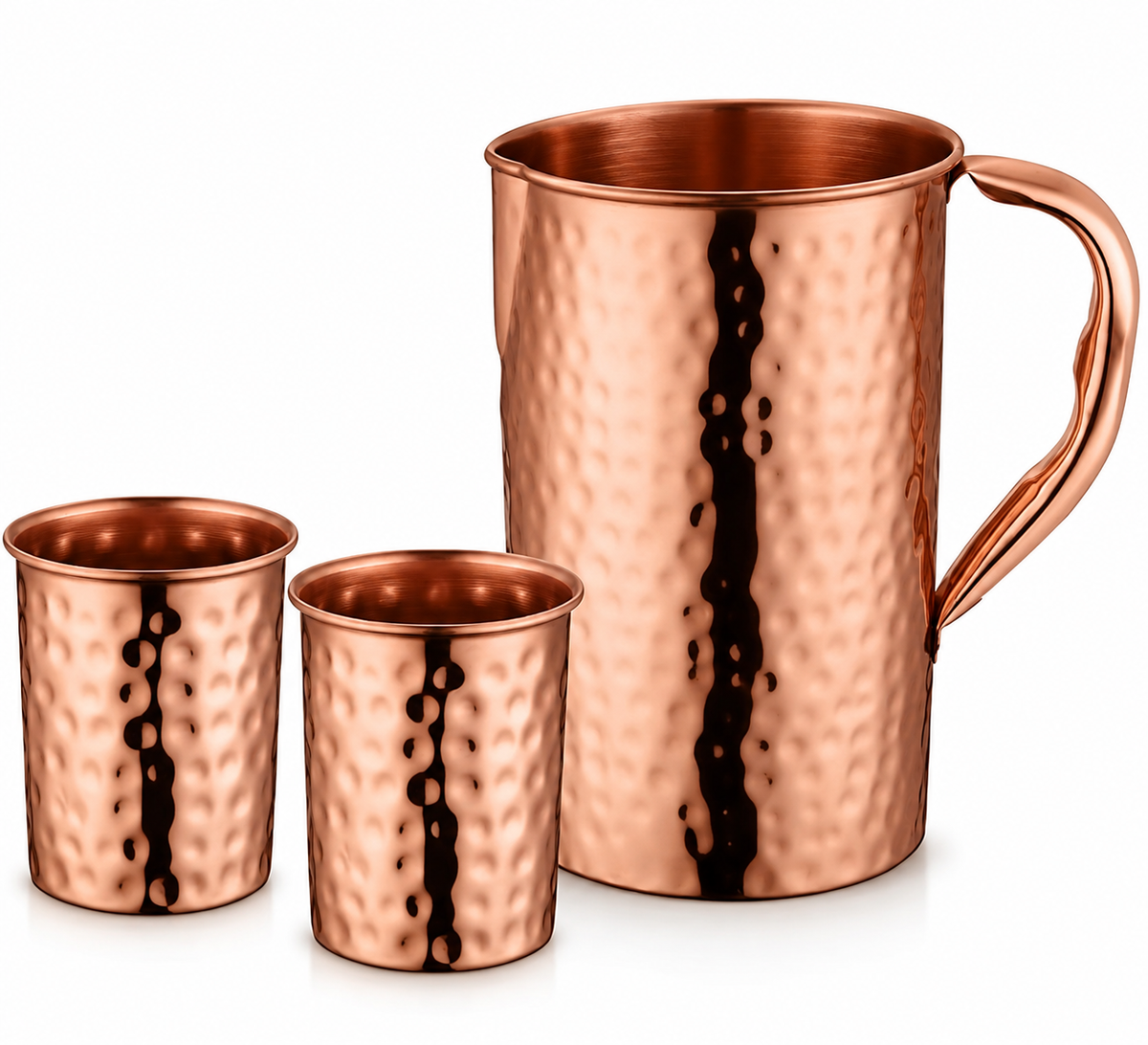 SCASH Handcrafted Copper Water Jug with 2 Glasses – 3-Piece Drinkware Set
