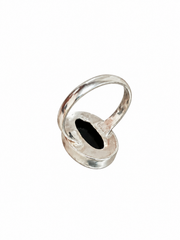 Black Onyx Oval Gemstone Statement Ring – Silver & Black, Size 12