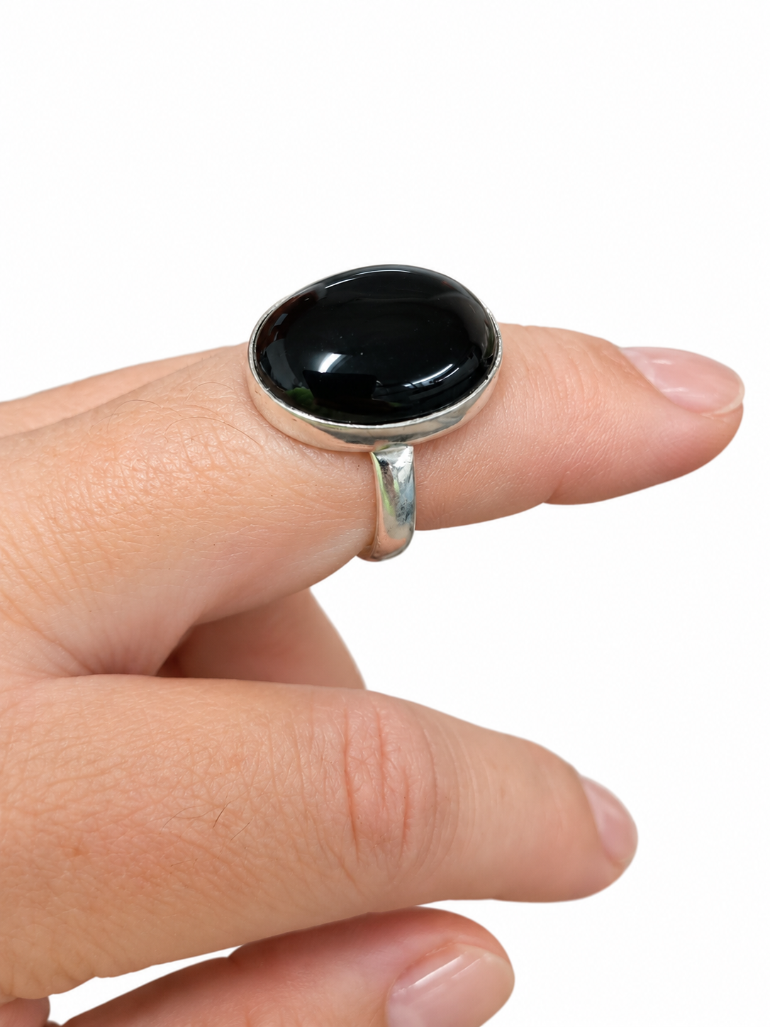 Black Onyx Oval Gemstone Statement Ring – Silver & Black, Size 12