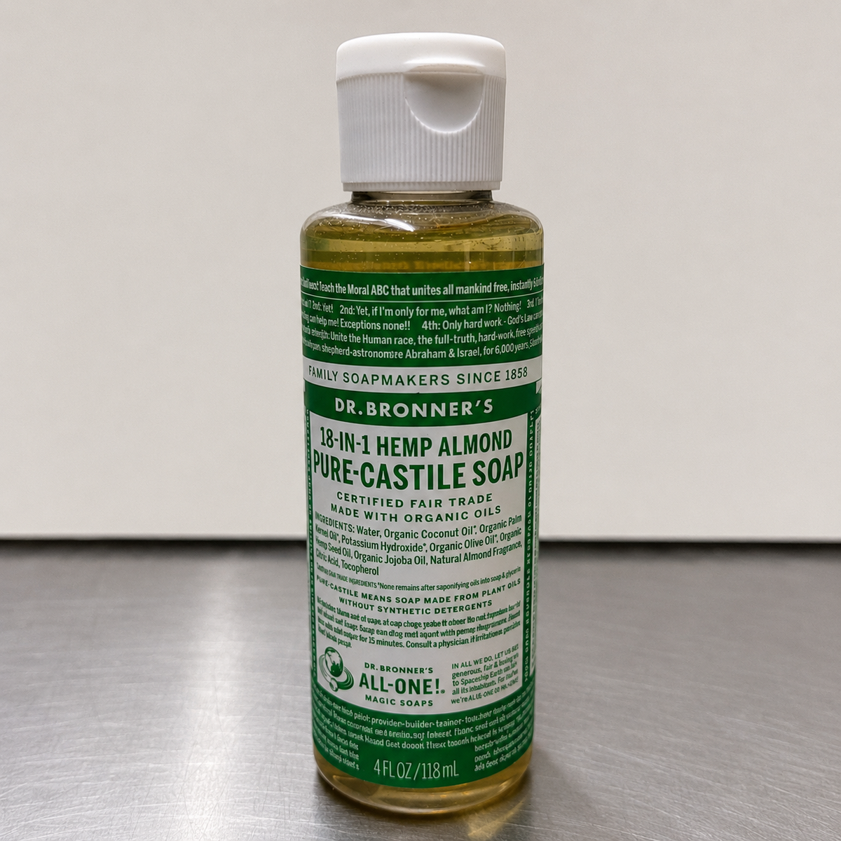 Dr. Bronner’s 18-in-1 Hemp Almond Pure-Castile Liquid Soap – 4 fl oz / 118 mL