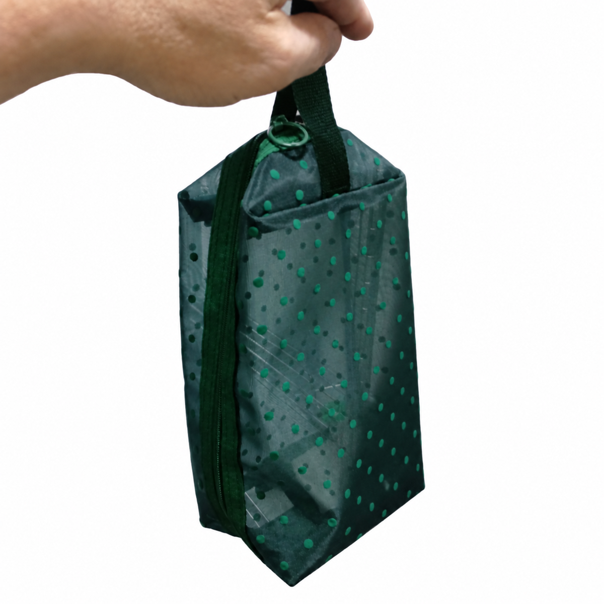 Green Polka Dot Mesh Toiletry Organizer Bag with Zipper Closure