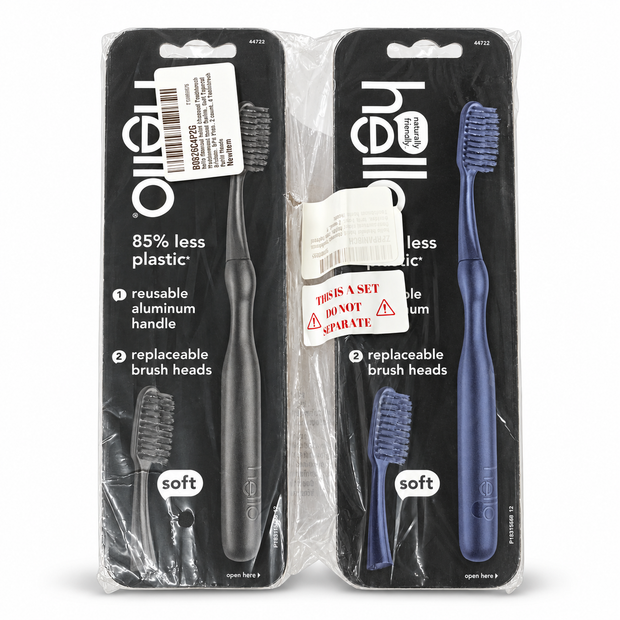 hello Sustainable Reusable Aluminum Toothbrush Set with 4 Soft Replacement Heads, 2-Pack