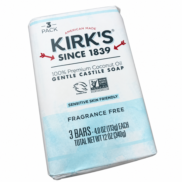Kirk’s Gentle Castile Soap Fragrance Free, 4 oz Bars, 3-Pack