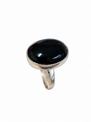 Black Onyx Oval Gemstone Statement Ring – Silver & Black, Size 12