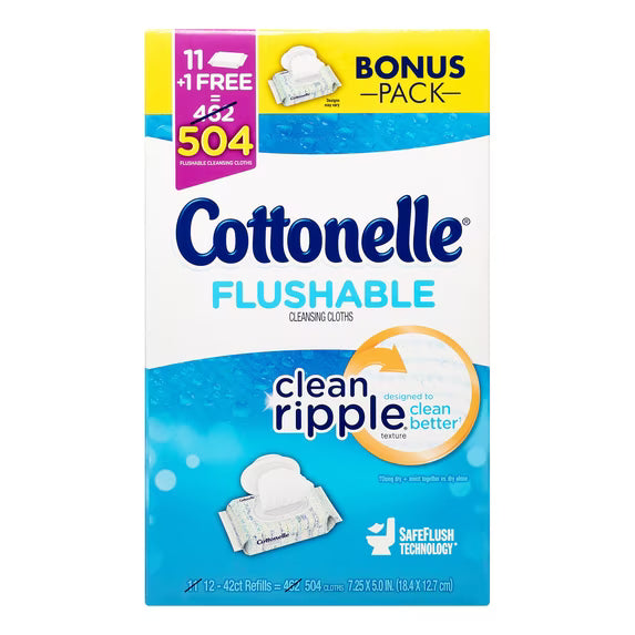 Cottonelle FreshCare Flushable Cleansing Cloths, Bonus 504 Ct – 12 Packs of 42-Count Wipes with SafeFlush Technology