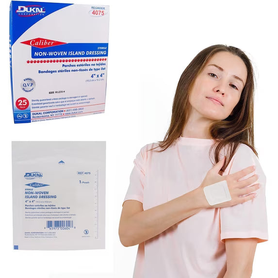 Dukal Island Dressing 4" x 4" | 25 Pack Sterile Adhesive Wound Dressings with Non-Adherent Pad | Latex-Free, Single-Use