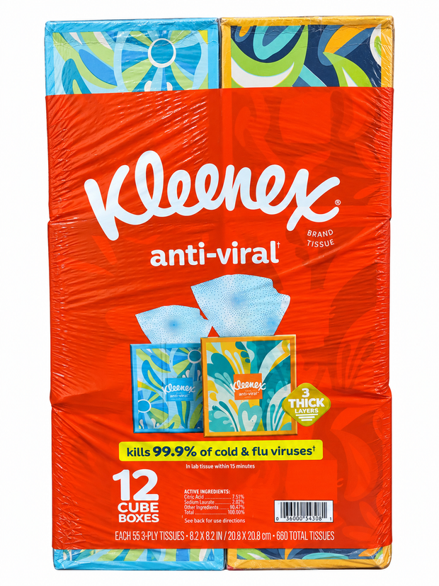 Kleenex Anti-Viral Facial Tissues, 3-Ply, 55 Tissues per Box, 12 Cube Boxes – 660 Total Tissues