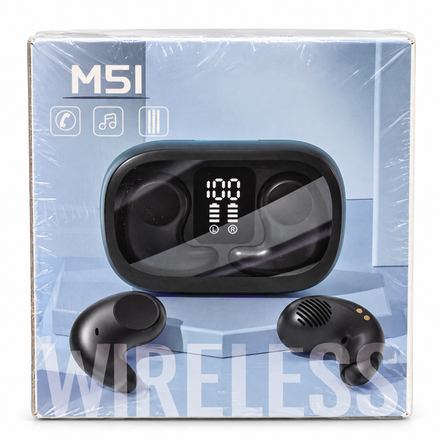 M51 Wireless Bluetooth 5.4 Earbuds with Digital Display Charging Case – Black