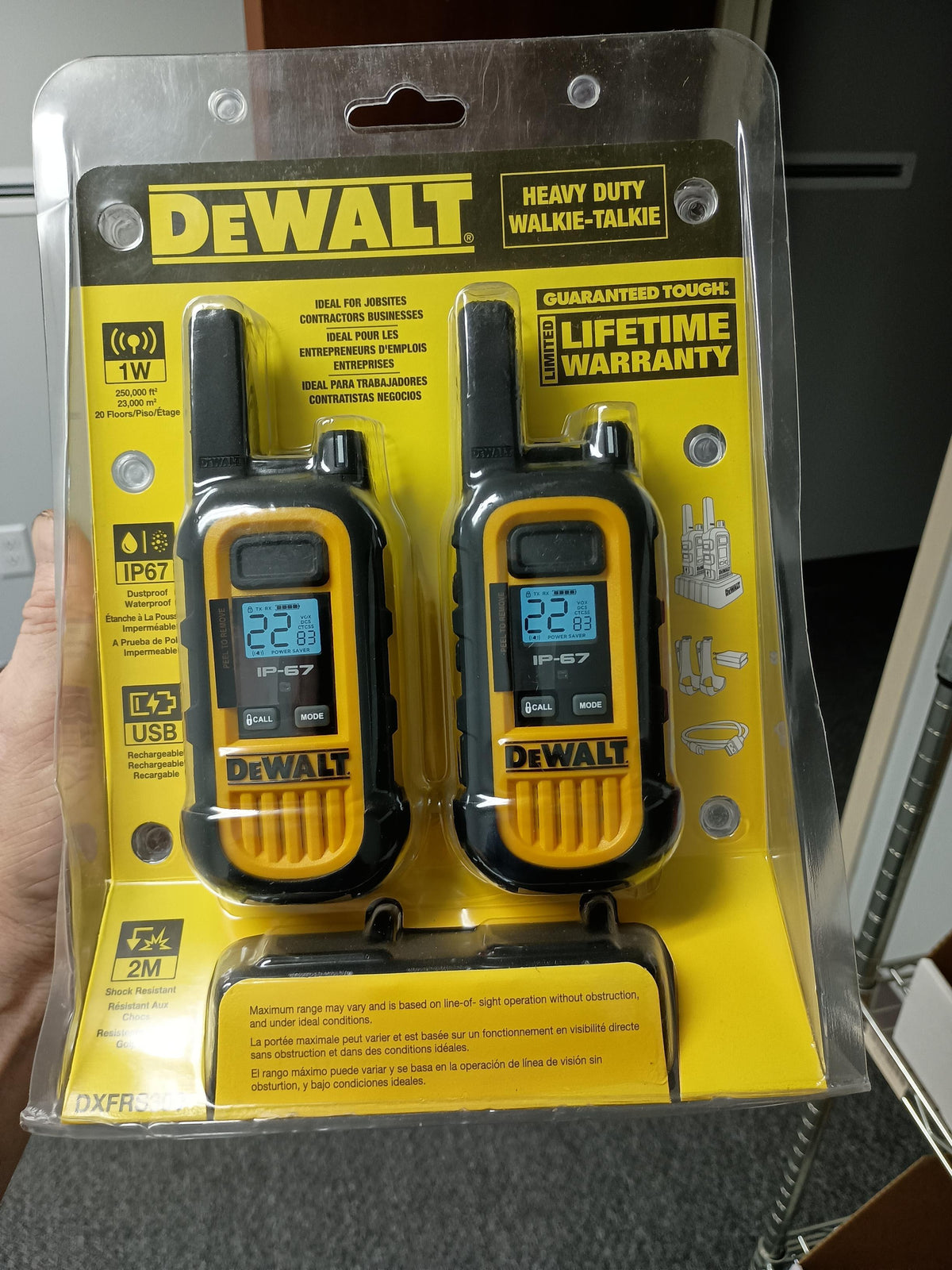 DEWALT DXFRS300 Heavy-Duty Walkie Talkies 2-Pack – 1W IP67 Waterproof Two-Way Radios with USB-C Charging Dock
