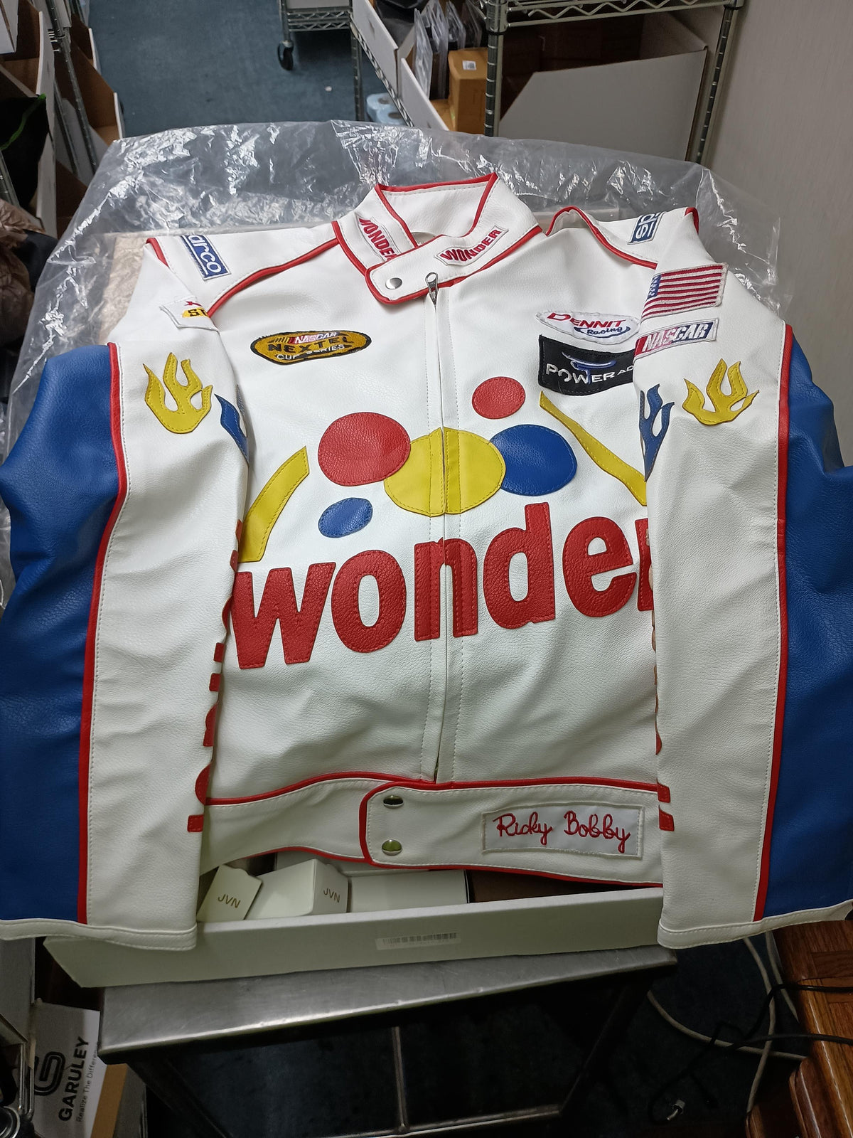 Ricky Bobby Wonder Racing Jacket – White, Blue & Red Motorsports Style