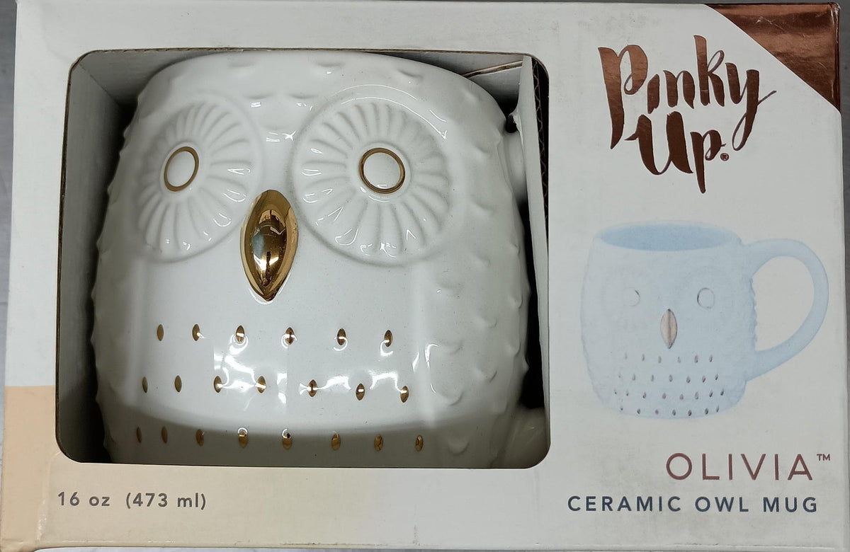 Pinky Up Olivia Owl Mug – Cute Owl Tea Cup for Women, White & Gold, 16 oz