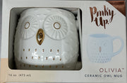 Pinky Up Olivia Owl Mug – Cute Owl Tea Cup for Women, White & Gold, 16 oz