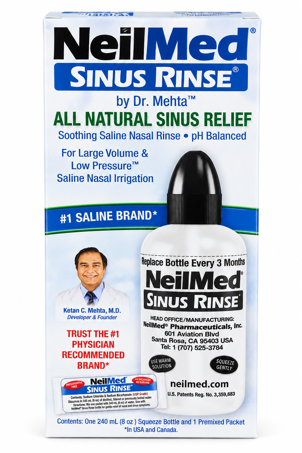 NeilMed Sinus Rinse Saline Nasal Irrigation Kit – 8 oz Squeeze Bottle with 1 Premixed Packet