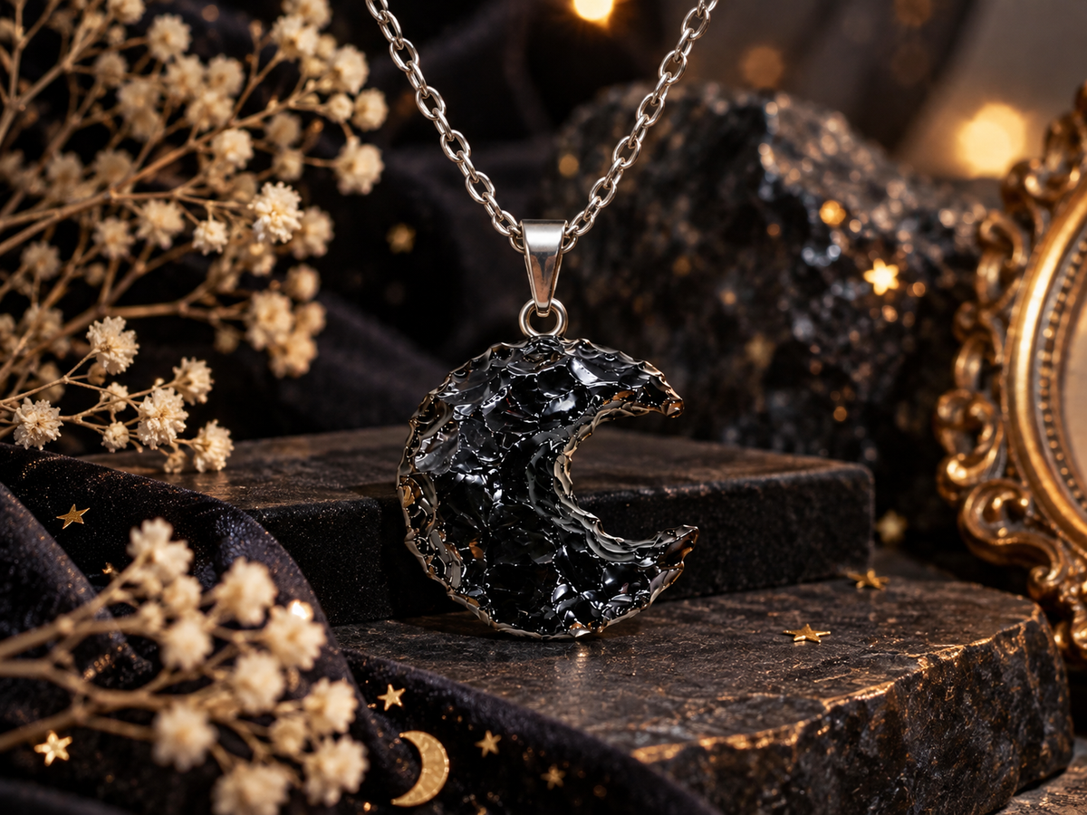 5 Pcs Obsidian Crescent Moons - Black Carved Crystal for Jewelry Making