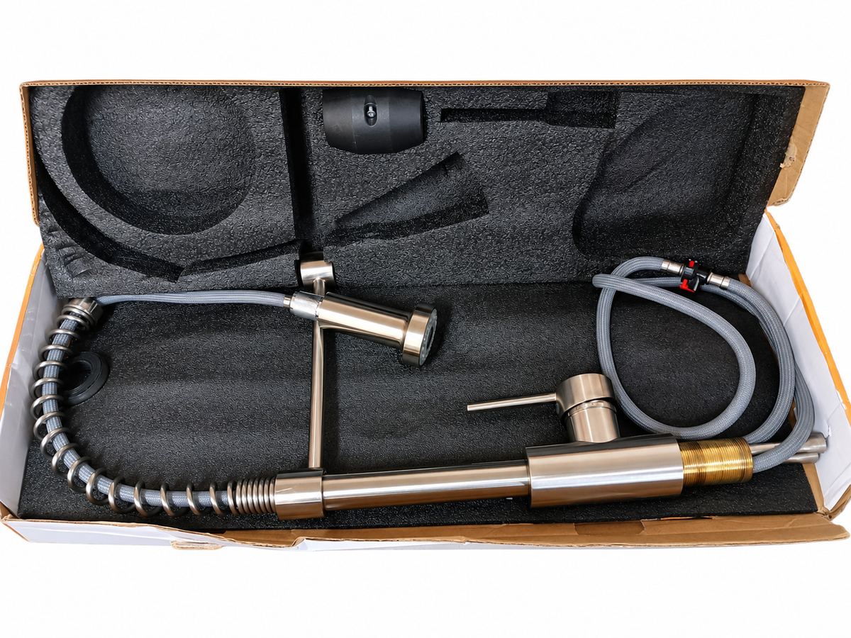 Kitchen Sink Faucet with Flexible Braided Hose – Brushed Nickel Finish, Box Condition: 8/10