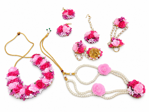 Pink Floral Jewelry Set with Pearl-Style Beads – Traditional Wedding & Special Occasion Accessories