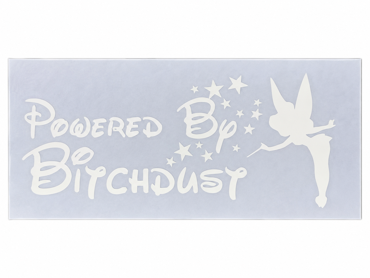 Cartat2s Powered by Bitchdust Vinyl Decal Sticker – White Lettering for Laptops, Tumblers, Cars & Personal Accessories